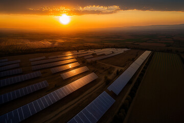 From the setting sun, solar panels provide clean, environmentally friendly electricity. drone aerial view. a valley based solar power station in a landscape photograph. Generative AI