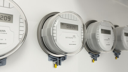 Wall Mural - Row of electricity meters on the wall. 3D illustration