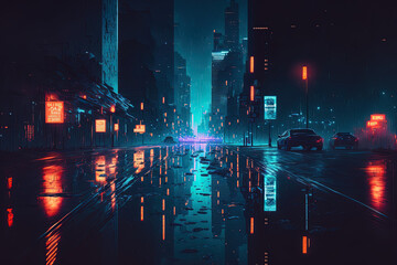 Wall Mural - Neon city illustration with light reflecting from puddles on wet roadway and moving toward skyscrapers. Idea for a central commercial district and nightlife (CBD) Tech, gaming, or cyberpunk backdrop