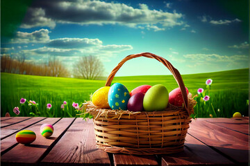 Wall Mural - illustration of easter basket on table outdoors.