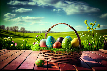 Wall Mural - illustration of easter basket on table outdoors.