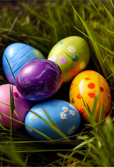 Wall Mural - colorful easter eggs on green grass ,