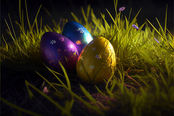 Wall Mural - colorful easter eggs on green grass ,