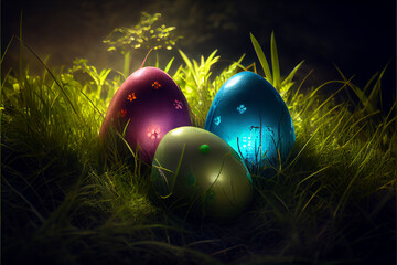 Wall Mural - colorful easter eggs on green grass ,