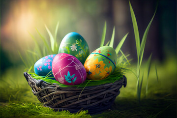 Wall Mural - colorful easter eggs on green grass ,