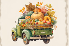 A Vintage Truck Loaded A Wicker Basket With An Autumnal Harvest Of Apples, Sunflowers, Pumpkins, And Beautiful Foliage. Retro Green Automobile Watercolor Artwork, Thanksgiving Holiday Card, And Kitche