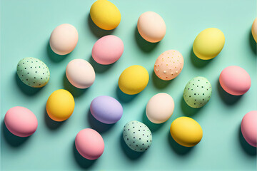 Wall Mural - Top view of easter egg  multicolored egg on pastel background