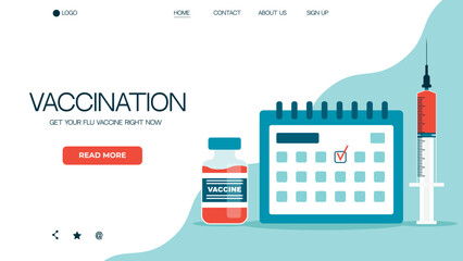 Medical illustration of vaccination with vaccine, injection and calendar with vaccination date. Web illustration with medical concept. World Immunization against flu and covid. Get your flu vaccine.