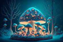 A Mushroom Winter Wonderland Fill Will Snow Covered Bioluminescent Glowing Mushroom Forest. Generative AI	