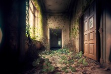 Empty Ious Hall In Abandoned House Littered With Garbage And Overgrown With Plant
