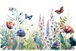 Leinwandbild Motiv Bordure horizontale harmonieuse avec fleurs multicolores abstraites, feuilles et plantes vertes, papillons volants. Motif isolé à l'aquarelle sur fond blanc, prairie d'été illustration panoramique.