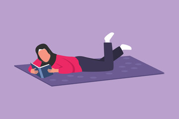 Wall Mural - Graphic flat design drawing Arab woman lying and reading books at home. Student studying and preparing for exam with textbooks. Beauty female reader with literature. Cartoon style vector illustration