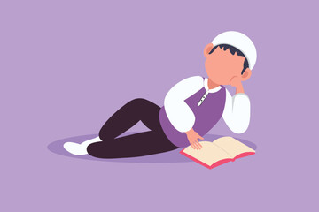 Wall Mural - Graphic flat design drawing Arabian little baby boy is reading book and dreaming lying on floor. Source of knowledge. Intelligent student. Education and intellectual. Cartoon style vector illustration