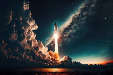 Wall Mural - Successful rocket launch rocket launch to the space with dazzling light new space shuttle with a light trail glides into the wonderful starry sky beginning a space mission and exploring the universe