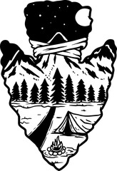 Wall Mural - camping emblem in arrowhead shape. design element for poster, card, banner, emblem, sign. vector ill