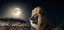 A Lion Lies In The Savannah At Night In The Background Is A Large Moon. Banner. Generative AI