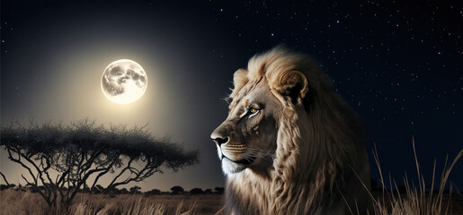 a lion lies in the savannah at night in the background is a large moon. Banner. Generative AI