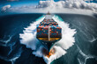 Leinwandbild Motiv A loaded container cargo ship is seen in the front as it speeds over the ocean. Generative AI