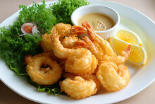 Beautifully Placed In A White Platter, Deep Fried Shrimp Batter. Generative AI