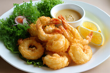 Beautifully placed in a white platter, deep fried shrimp batter. Generative AI