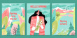 A set of vector cards with spring landscapes and a cute girl with a bouquet in her hands.