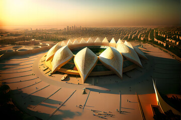 A futuristic stadium was built in the heart of Saudi Arabia, with the ancient pyramids of Egypt visible in the distance and the ancient ruins of Greece serving as the backdrop.