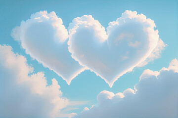 Two heart shaped clouds in the sky. Generative AI.