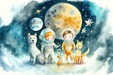 Fototapeta Dziecięca - Kids and animals With a bright moon, stars, and clouds, astronauts go on space excursions. Dreamy, exciting, and entertaining cartoon for kids about cosmic travel. watercolor style wallpaper illustrat