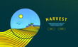 © leographics - Farm with windmill in the village and yellow ripe wheat field in a round frame. Harvest banner for a landing page with a grain texture.