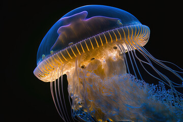 Canvas Print - A macro of the stunning chrysaora pacifica jellyfish. Generative AI