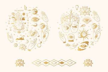 Palmistry hands and all-see eyes golden collection. Isolated set of two round illustration with esoteric symbols. Hand drawn vector images in boho style. Design for witchcraft, stickers, magic shop.