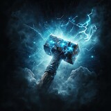 Fototapeta Do akwarium - Thor hammer with blue lightning. Fantasy concept. Norse saga. Isolated. Generative ai.