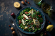 spinach salad with gorgonzola cheese, pear, grape, pecans, and lemon dressing. healthy diet, food. looking up. Generative AI