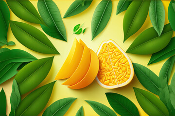 Sticker - Mango slices and bits on a fresh, ripe fruit backdrop in yellow. Generative AI