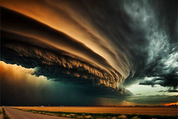 Shelf cloud, wall cloud, funnel cloud or rotation. Natural meteorological phenomenon. Generative AI.