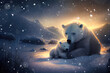 Leinwandbild Motiv Mother and baby polar bear cuddling as family in snow in winter (Generative AI)