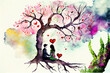 Leinwandbild Motiv Romantic couple in love sitting under tree with red hearts (Generative AI)