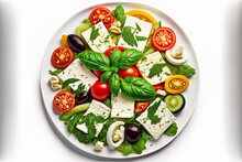 Salad With Fresh Veggies And Cheese, Isolated On A White Backdrop. Grecian Salad By Using A Clipping Path. Generative AI