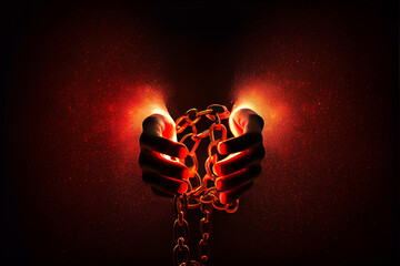 Leinwandbilder - Human hand are chained in chains isolated on black background.	