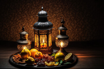 Poster - At night, decorative Arabic lanterns with burning candles glimmer. Date fruit is shown on a plate. Invitation to the festive season of Ramadan, the Muslim holy month. Background of Iftar feast