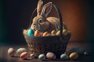 Easter bunny, basket and eggs created with generative AI technology. High quality illustration