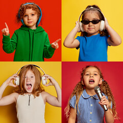 Collage. Beautiful, emotional girls, children singing, listening to music in headphones, posing over multicolored background