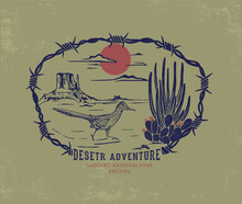 Western Desert Design, Road Runner Bird Vector, Cactus Desert Landscape