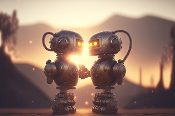 two robots falling in love in post nuclear background illustration generative ai