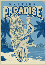 Monochrome Surf Vintage Poster With A Pin Up Girl On A Beautiful Beach