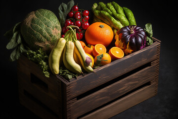 Poster - Fresh fruit and vegetables in a wooden box against a dark backdrop. natural foods. looking up. No cost copy space. Generative AI