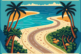 Fototapeta Sypialnia - Cartoon image of a top view of a sea isthmus with a meandering road in a summertime tropical setting with a beach, palm palms, and an empty asphalt roadway. Generative AI