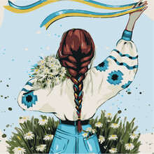 Girl With A Bouquet Of Flowers A Ukrainian Girl In An Embroidered Shirt With Flowers And Patriotic Ribbons In Her Hand.
Yellow And Blue Ribbons, Daisies In The Field.
Vector Illustration