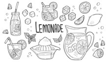 Lemonade Sketch Set In Doodle Style. Lemonade And Summer Fresh Juice Drinks, Beverages With Ice And Mint.