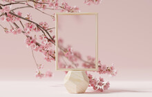 3D Background, Beige Podium, Wood Display With Frame. Sakura Pink Flower Tree Branch. Cosmetic Or Beauty Product Promotion Step Floral Pedestal. Abstract Minimal Advertise. 3D Render Spring Mockup.